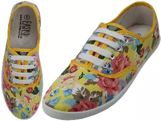 W6507 - Wholesale Women's "Easy USA" Casual Canvas Lace Up Shoes — Yellow Floral Printed (W6507) / 6-11 Assorted