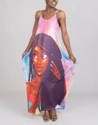 23012- ON SALE!!! Spaghetti Strap Dress Face-Print Knit Maxi Dress - One Size (3-PCS PRE-PACK) ($12.00 Each)