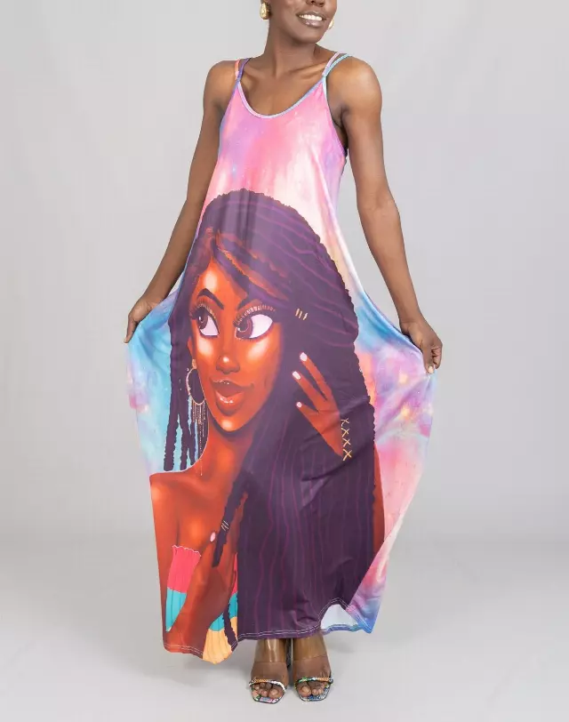 23012- ON SALE!!! Spaghetti Strap Dress Face-Print Knit Maxi Dress - One Size (3-PCS PRE-PACK) ($12.00 Each)