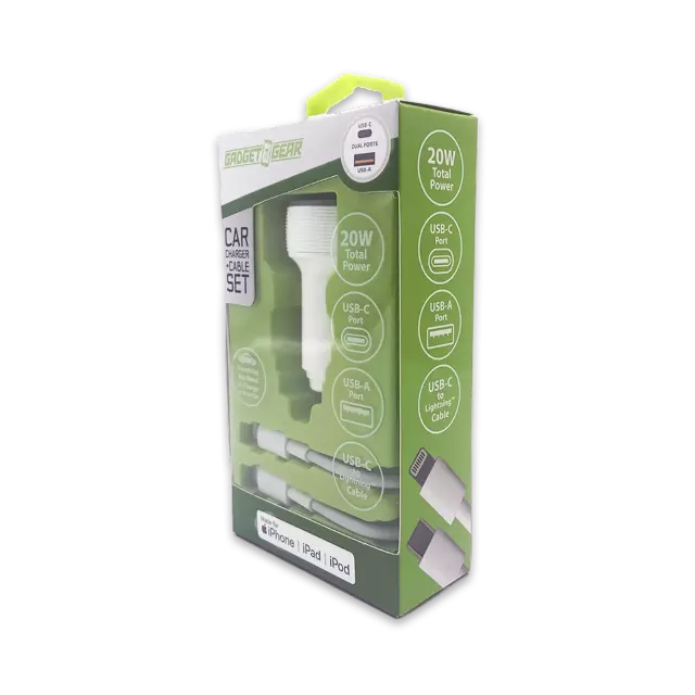 Car Charger Dual USB / USB-C Ports with USB-C to Lightning Charging Cable Set 20 Watts - 3 Pieces Per Pack 24607