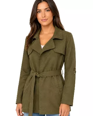 Ladies' Long Faux Suede Trench Coat #U21 — Olive / S-M-L-XL