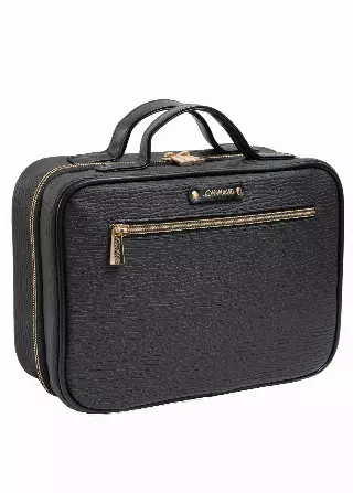 Joan & David Double Handle Textured Hanging Toiletry Case — 001-BLACK WITH GOLD