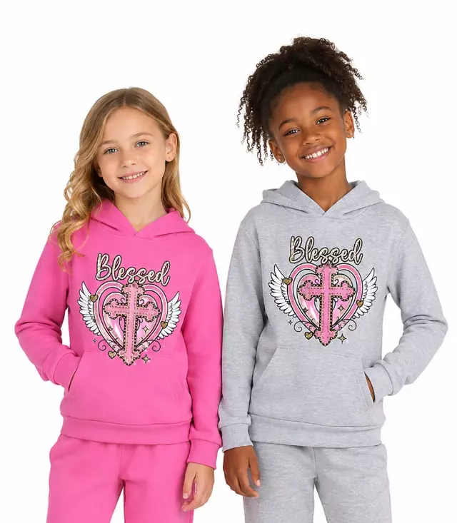 Girls Pink Blessed Screen W Stones Hoodie & Jogger Set – 8679804