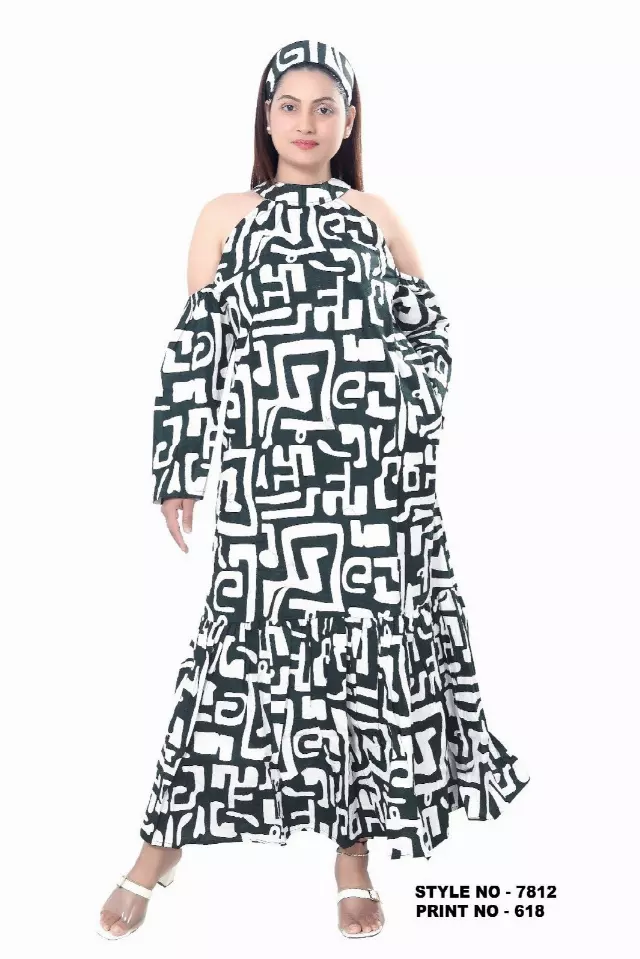 7812- Cold-Shoulder Authentic African Long Dress (3 PCS PRE-PACK) - $20.00 EACH — One Size (4 - 24) / Print-618