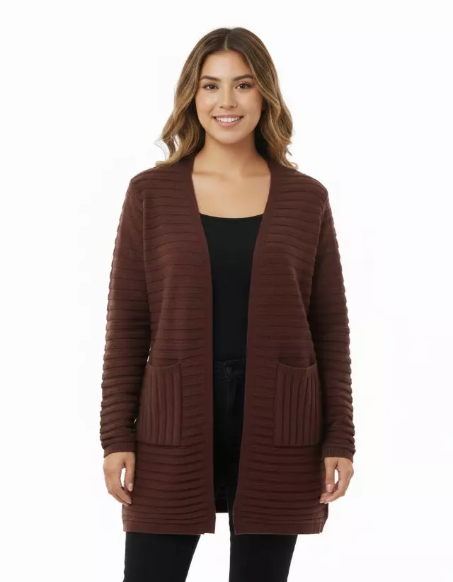Open Front Cardigan with Horizontal Ribbed Knitting — Dark Brown / S-M-L-XL-2XL