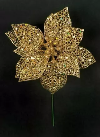XP1013gold – 6” Fancy sparkle poinsettia pick “dz”