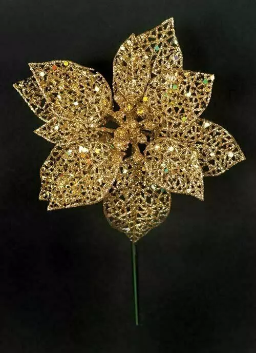 XP1013gold – 6” Fancy sparkle poinsettia pick “dz”