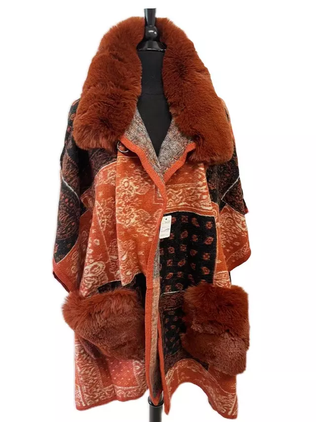 TX517 Faux Fur Cape with Pocket — Orange
