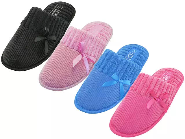 S5155L-A - Wholesale Women's "Easy USA" Close Toe Corduroy House Slippers / Bow Top