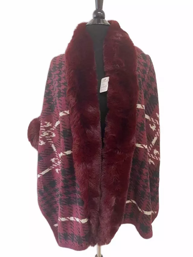 TX513 Faux Fur Houndstooth Pattern Cape — Burgundy
