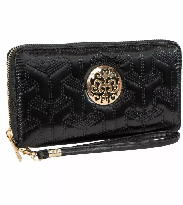 Rebecca & Rifka Patent Geometric Quilt Medallion Zip Wristlet Wallet — BK/GD