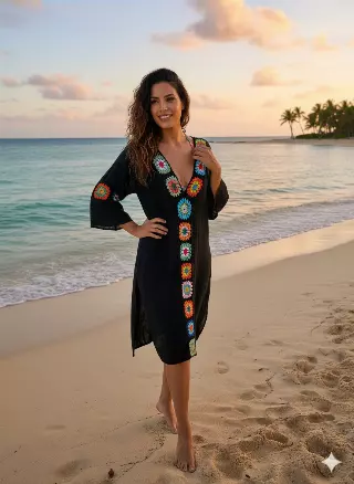BC2229 Linnen Crochet Maxi Dress Cover-Up — Black