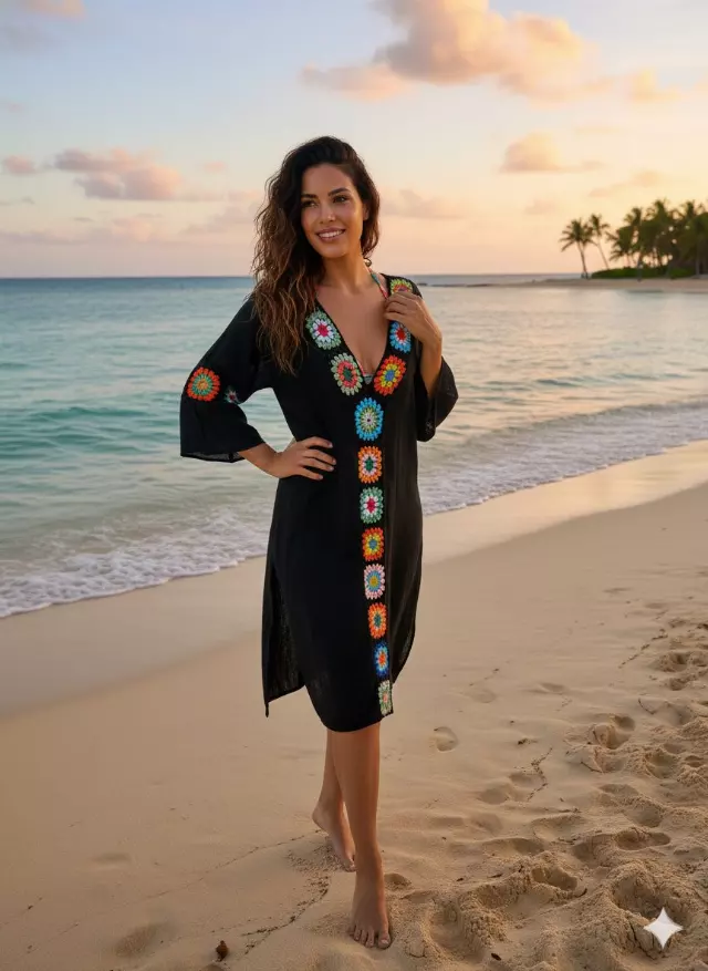 BC2229 Linnen Crochet Maxi Dress Cover-Up — Black