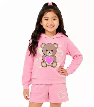 Girls Teddy Bear Hooded Fleece & Heart Shorts Set – 7490904