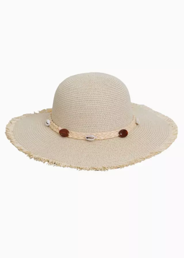 Magid Seashell Beaded Straw Frayed Brim Floppy Hat — NATURAL