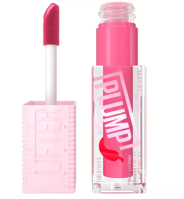 MAYBELLINE Lifter Gloss Lifter Plump, Plumping Lip Gloss with Chili Pepper and 5% Maxi-Lip, Pink Sting, Sheer Bubblegum Pink, 1 Count
