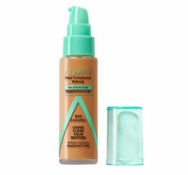 Almay Clear Complexion Foundation Makeup, Hypoallergenic, 800 Caramel, 1 fl oz
