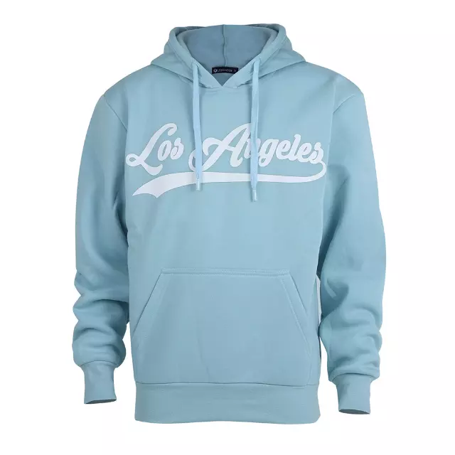 Men’s Pullover Fleece Hoodie with Drawcords and Kangaroo Pockets – Los Angeles - Style #MFJ172-1B -$8.50/Unit - 24 PCS/CS - PLEASE SEE DESCRIPTION — Baby Blue