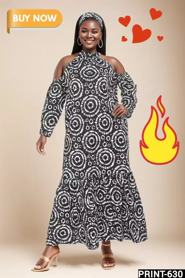 7812- Cold-Shoulder Authentic African Long Dress (3 PCS PRE-PACK) - $20.00 EACH — One Size (4 - 24) / Print-630