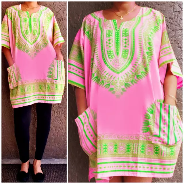 NLM-101 - Dashiki Top in Pink/Green Color (12-Pcs PRE-PACK) — Plus Size (16-24) / Pink Green