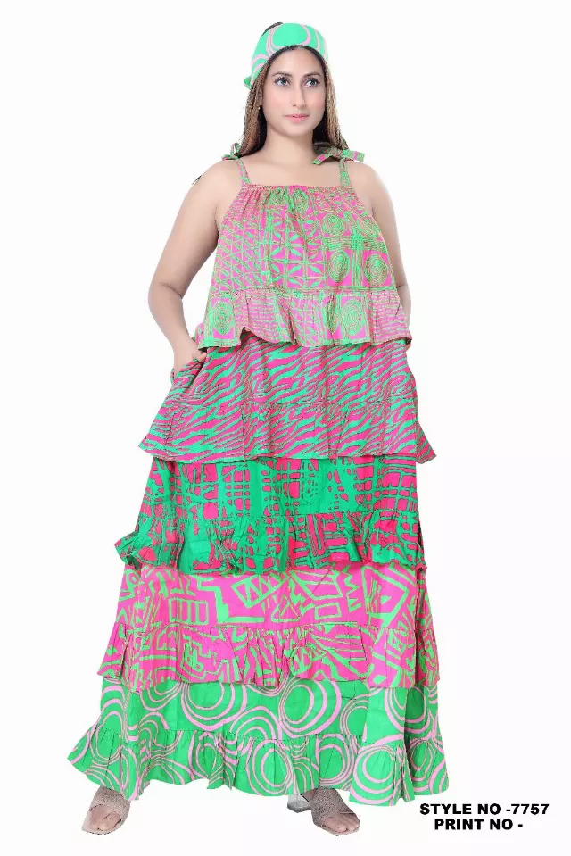 7757 - Summer Sleeveless Authentic African Long Dress (3 PCS PRE-PACK) - $25.00 EACH — One Size (4 - 24) / Print-Pink/Green