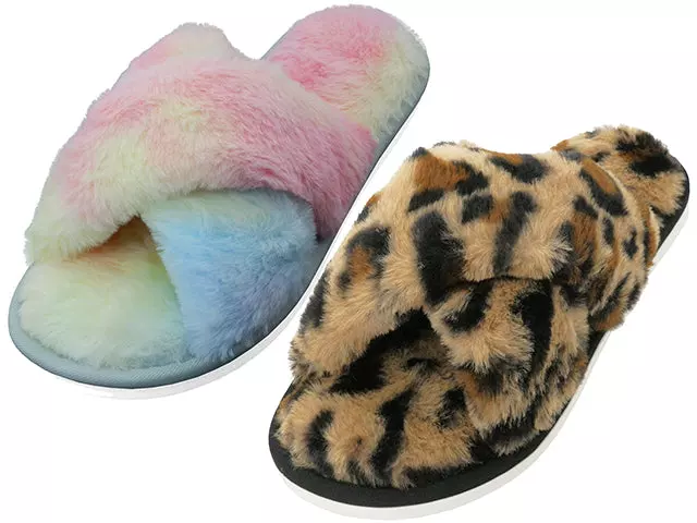 Z8118L-A - Wholesale Women's "Easy USA" X-Cross Soft Fuzzy Plush Upper House Slippers