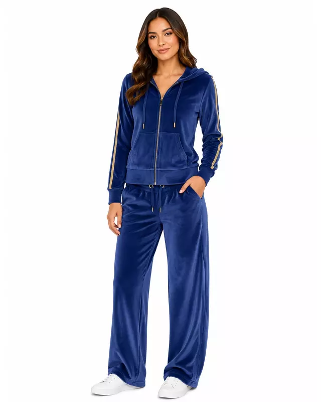 Women’s Velour Zip Hoodie & Wide-Leg Pant Set #08 — Blue / S-M-L