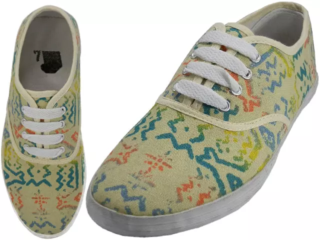 U3028L - Wholesale Women's Ninja Eye Print on Yellow Lace Up Canvas Shoe