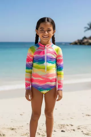 H3118 Kids Long Sleeve Aqua Rainbow Zipped Rash Guard — Rainbow / 4