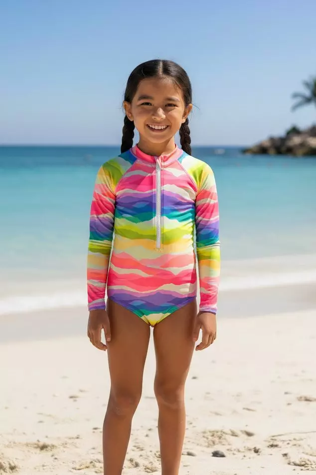 H3118 Kids Long Sleeve Aqua Rainbow Zipped Rash Guard — Rainbow / 10