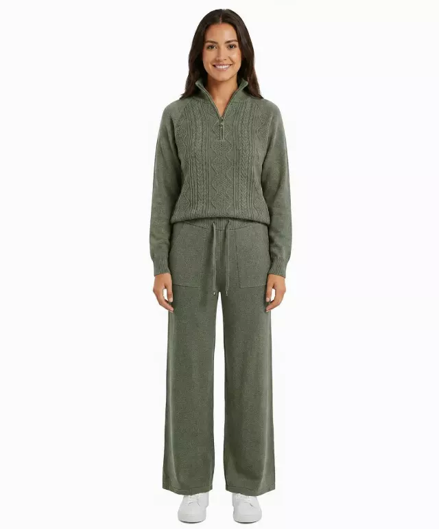 Cable-Knit Quarter-Zip Sweater & Wide-Leg Lounge Set #101 — Olive / S/M-L/XL