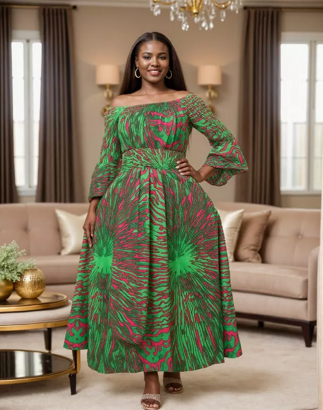 7556 -NEW PRINTS ALERT!!!! Off Shoulder Maxi Dress in Ankara Prints - $25.00 Each (3 pcs per pack) — Free Size / Print-685