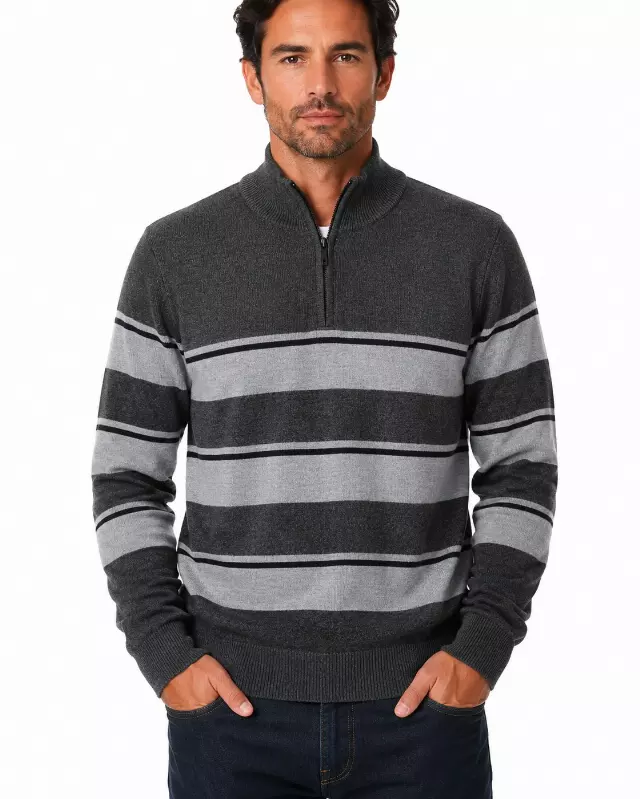Men's Striped Quarter Zip Sweater #WXX-25 — W006 / S-M-L-XL