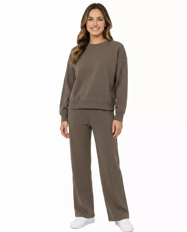 Crewneck Sweater & Wide-Leg Pants Set #606 — Taupe / S-M-L-XL
