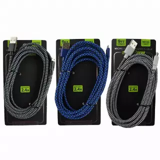 Charging Cable Elite Cloth USB to Micro USB 9FT 2.4 Amp- 3 Pieces Per Pack 22441
