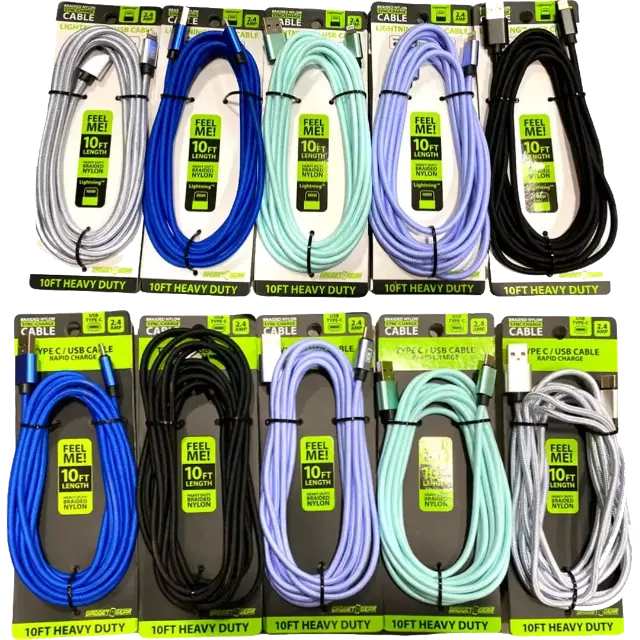 Charging Cable Wing Rack Assortment 10FT - 10 Pieces Per Pack 88422