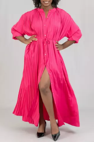 CHH21027 Pleated Button-front Dress - One Size (4-PCS PRE-PACK- 4 Assorted Colors) ($25.00 Each)