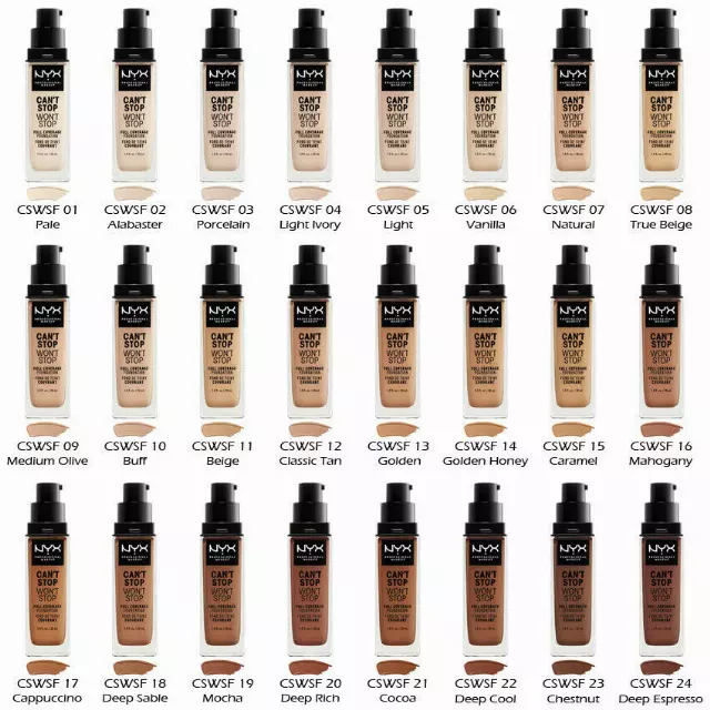 WHOLESALE NYX CAN'T STOP WON'T STOP FULL COVERAGE FOUNDATION 1 OZ - ASSORTED MEDIUM TO DARK SHADES - 100 PIECE LOT