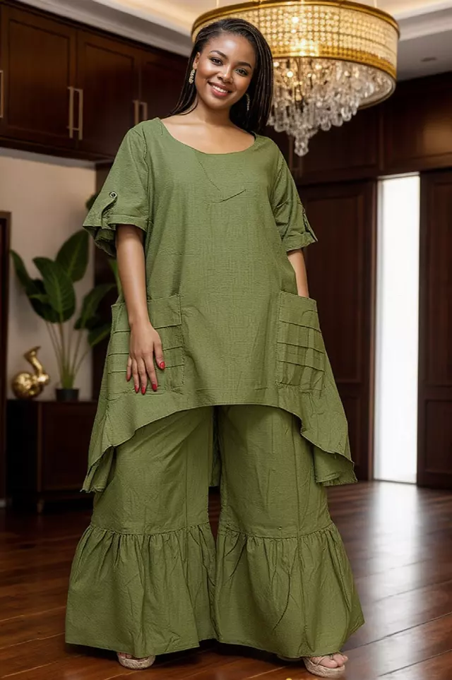 7864 L Linen 2pc Pant Set Authentic African Design - $25 Each (3 pcs per pack) — One Size / Olive