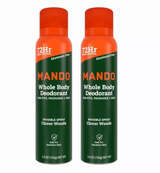 Mando Whole Body Deodorant For Men – Invisible Spray Deodorant – 72 Hour Odor Control – Low Irritation Formula – Aluminum Free, Benzene Free – 3.6 ounce Can – Clover Woods
