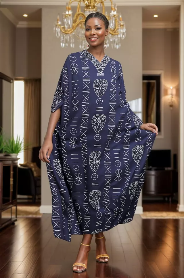 PNA-1628 - Women's Kaftan Dress with Headwrap- One Size (6-PCS PRE-PACK) - $7 Each — One Size (4-24) / Navy