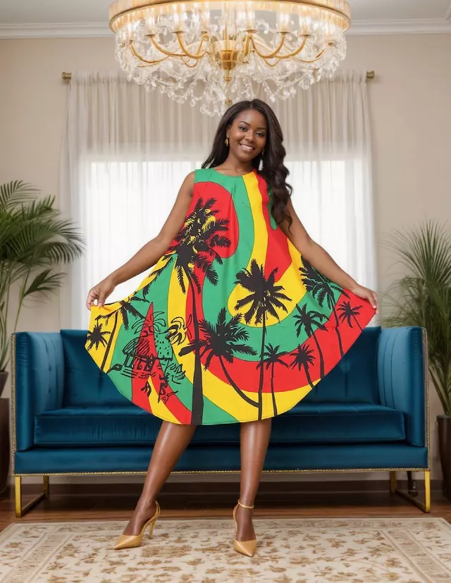 PNA-1319 -Palm Tree Print Umbrella Dress - (6-PCS PRE-PACK) ($8 Each)