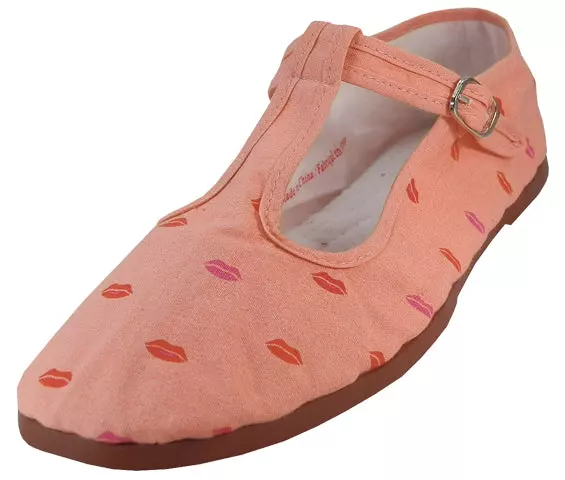 T5-777 - Women's T-Strap Cotton Upper Classic Mary Jane Shoes — Red Lips on Pink (T5-7788) / 6-10 Assorted