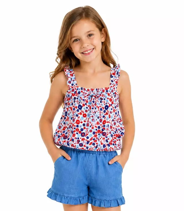 GIRLS PINK Top Ruffle on Straps and Bow with Denim Short Set - 2179604