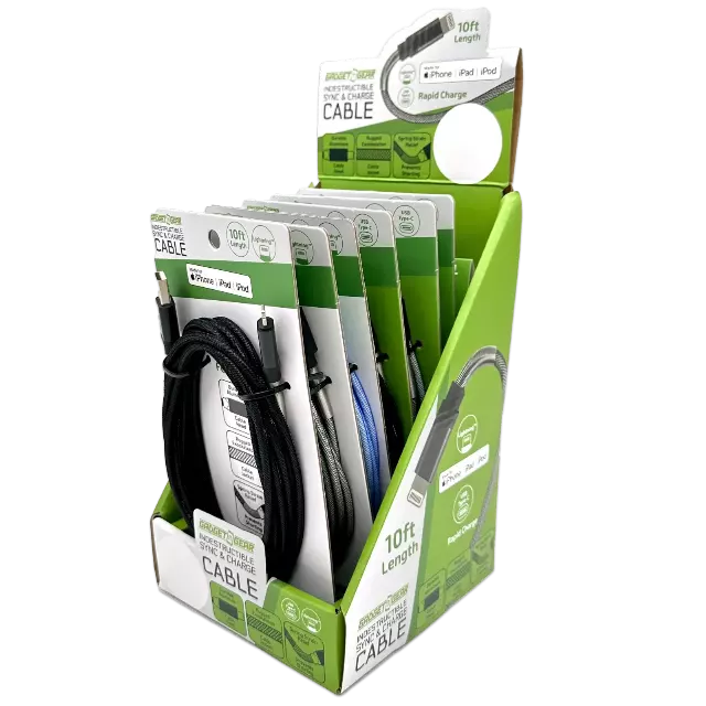 Charging Cable Indestructible Assortment 10FT 2.4 Amp - 6 Pieces Per Retail Ready Display 88468