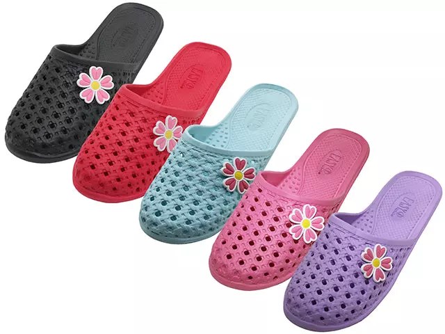 S2515L-A - Wholesale Women's Slip on Flower Upper Soft Clogs — Assorted - Black, Coral, Lilac, Mint Green & Bright Red (S2515L-A) / 6-11 Assorted