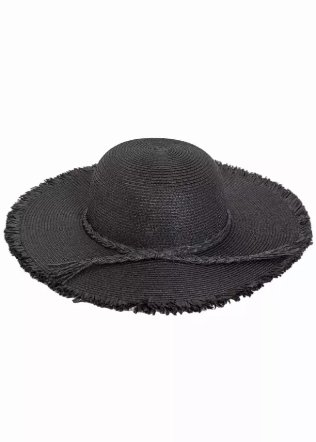 Max Studio Braided Fringe Brim Floppy Hat — BLACK
