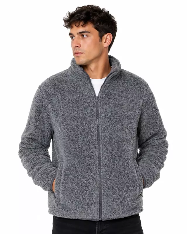 Men's Full-Zip Sherpa Fleece Jacket #J13 — Grey / S-M-L-XL-2X