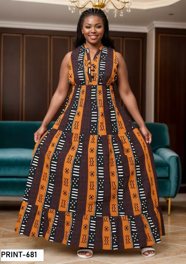 5005 - NEW PRINT ALERT!!! Three Button Authentic African Long Dress (3 PCS PRE-PACK) - $20.00 EACH — One Size (4 - 24) / Print-681