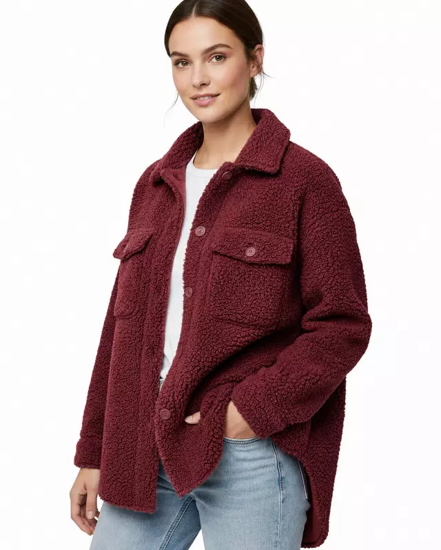 Women’s Sherpa Fleece Shacket #09 — Red / S-M-L-XL